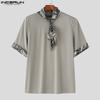 INCERUN Mens Tie Up Short Sleeve Leopard Stitching Casual T-shirts Tops