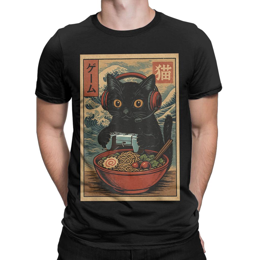 Niesamowite japońskie koszulki z kotem ramen dla mężczyzn z okrągłym dekoltem 100% bawełniane koszulki Kawaii kot z makaronem koszulki z krótkim rękawem oryginalne topy