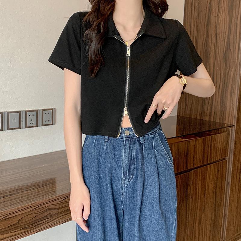 Francouzský design Polo límec dámské tričko s krátkým rukávem letní tenké výklenkový styl zip krátký top s polovičním rukávem