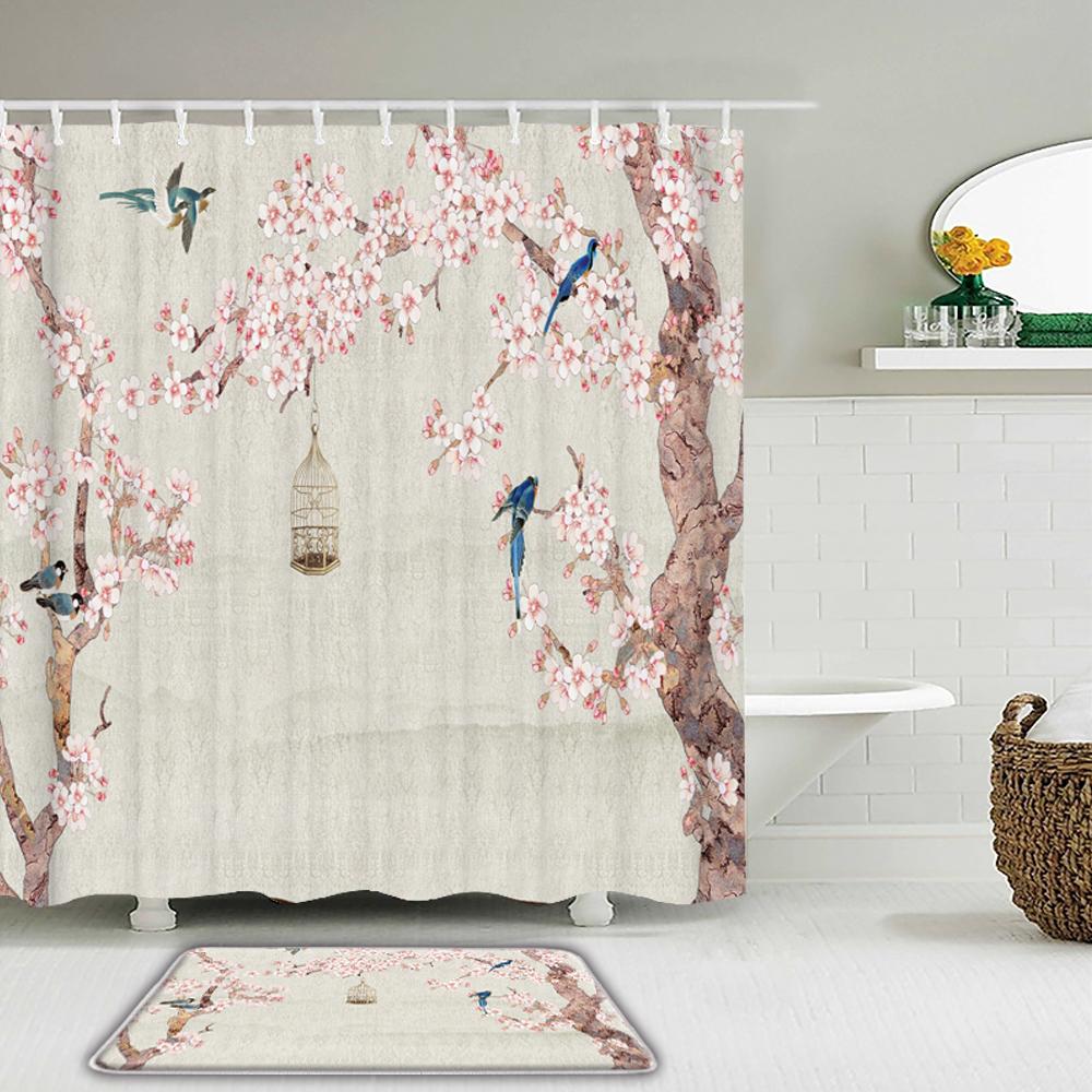 

Unframed Waterproof Bathroom Shower Curtain Plant Flower Birds Bath Curtain Set And Toilet Non-Slip Mat Rug Carpet Home Decor W60H190(CM)-1 Pcs