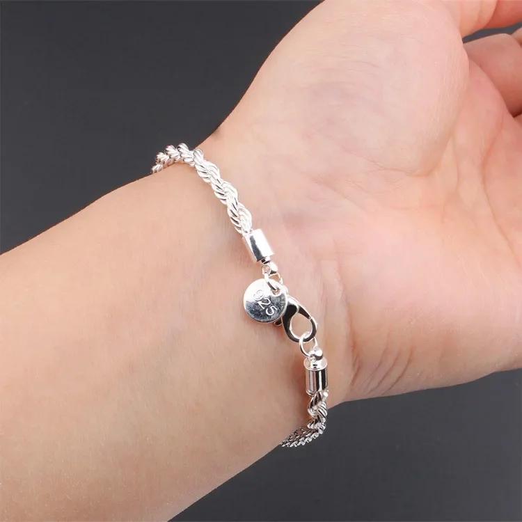 Braccialetti Corda Intrecciata in Argento Sterling 925 da 4MM per Donne Uomini Moda Minimalista Braccialetto a Catena per Coppia Gioielli Argentati Maschili Regali