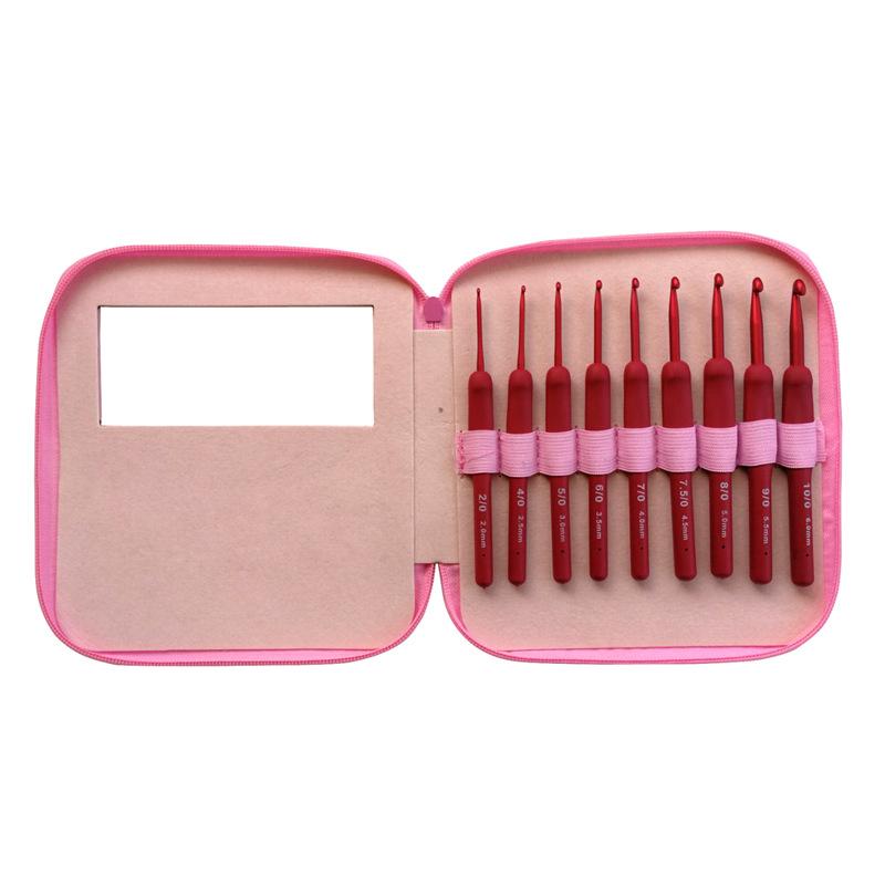 9pcs/set Handle Pink Crochet Hook Set Aluminum 1.0-10mm Knitting Needles Weave Craft Yarn Crochet Medium Roving Sewing Tools Kit