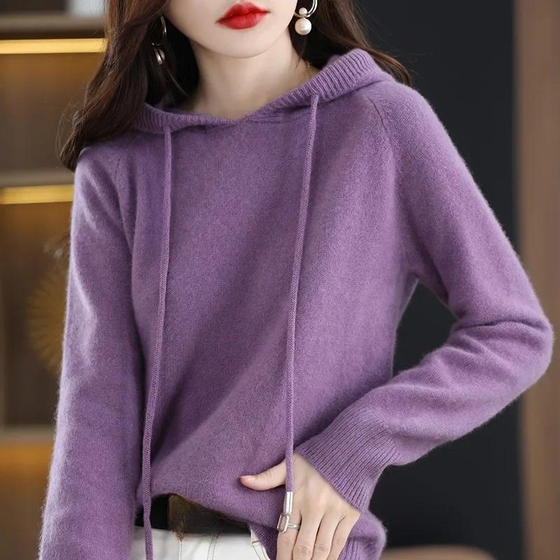 Pull à capuche pour femme, pull coréen ample, solide, manches longues, décontracté, automne hiver, épais, chaud, tricoté