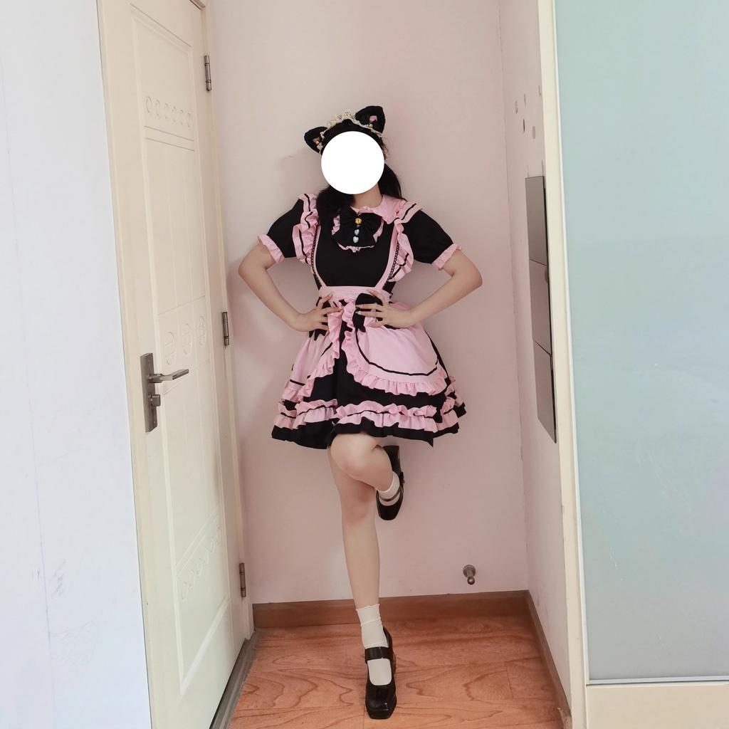 New Black Pink Maid Costume Cos Sweet Girl Cute Cat Bow Soft Girl Suit Skirt