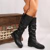 Foreign Trade Giant Legs Thin~ Square Head Pleated Knight Boots Women's 2025 Autumn and Winter Retro Thick Medium Heel Long Tube Boots