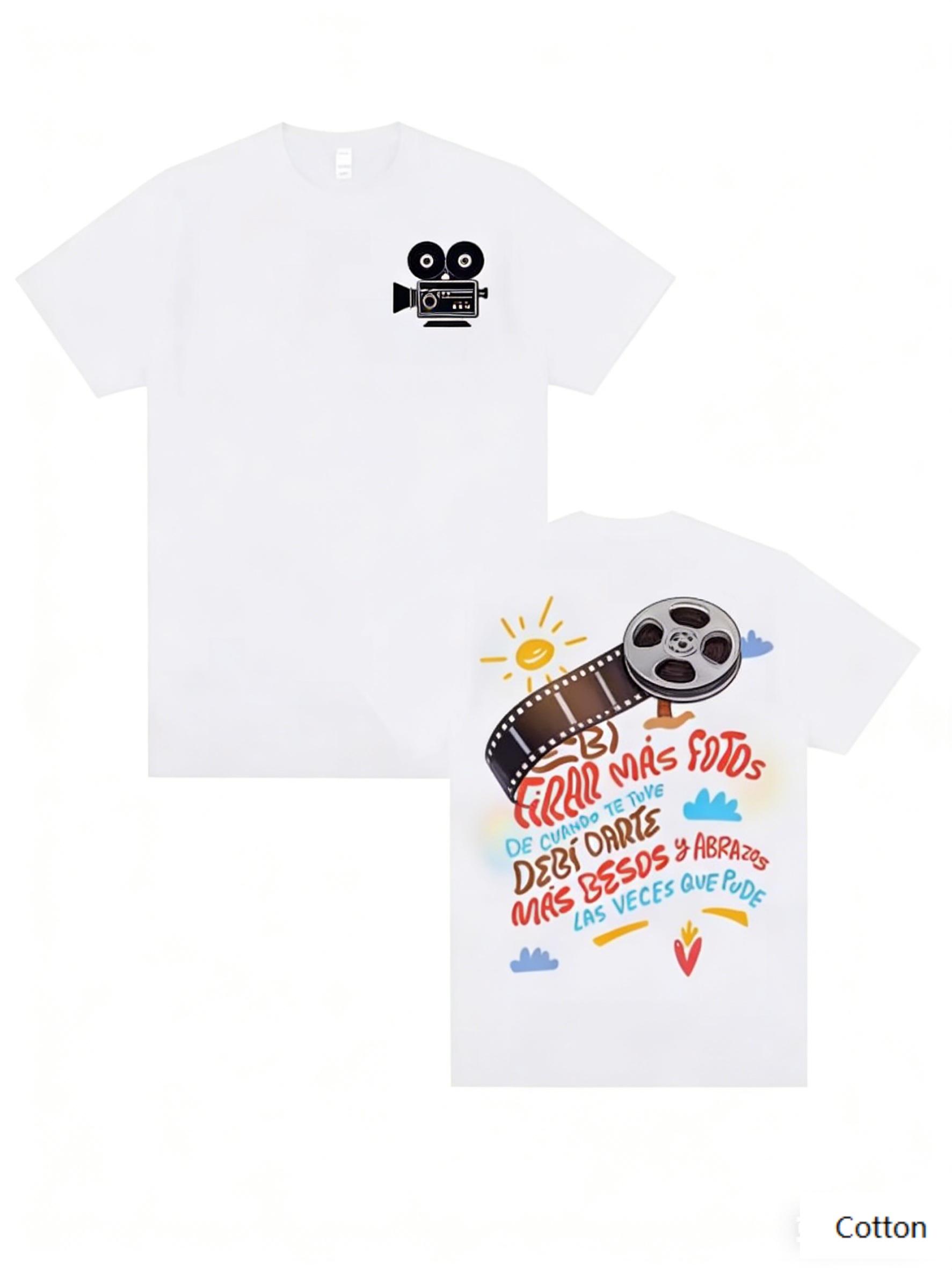 

Oversized TShirt with Film Reel Camera Graphic Loose Streetwear Style Soft Heavyweight Fabric Classic Crew Neck S
