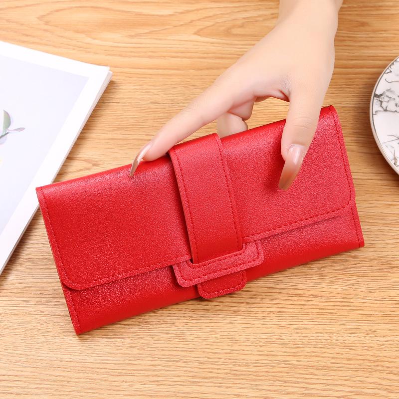Korean Style Women's Long Tri-Fold Leather Wallet with Coin Pocket and Snap Closure