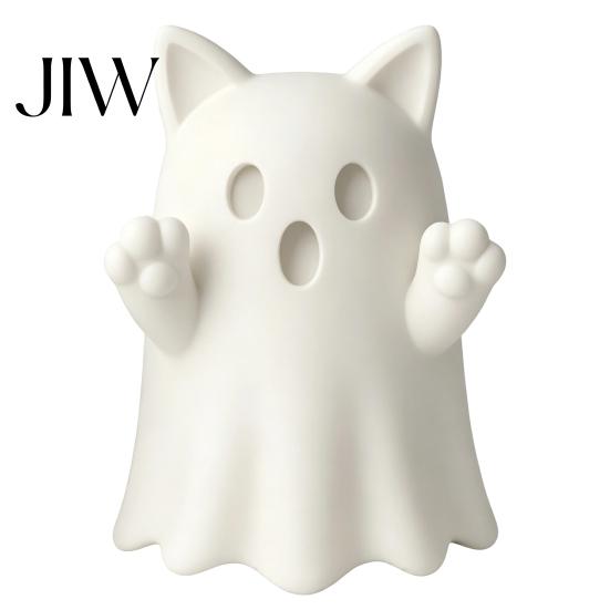 White PLA Craft Molds 3D Printed Cute Ghost Cat Figurine, Wink Smile Surprise Spooky Halloween Decor, Blank DIY Ornaments Paintable Statue,
