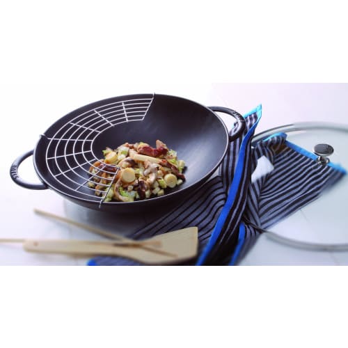 Staub "Wok 37cm Black" Large, Two-Handled Chinese Enamel Pot, Induction Compatible [Official Japanese Product] 40509-398 With Glass Lid and Tempura Gr