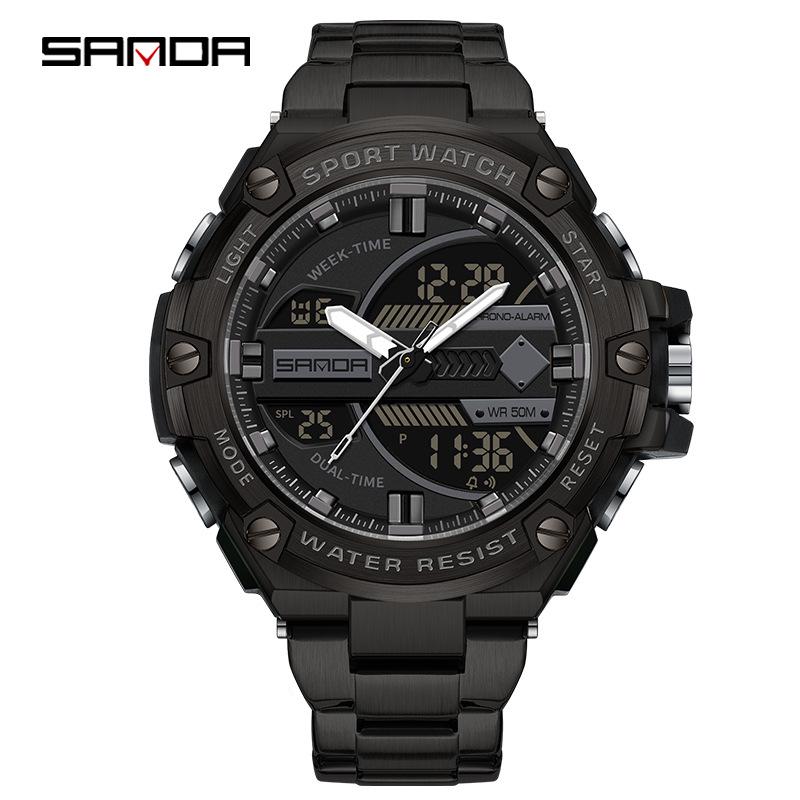 Sanda Men s Waterproof Steel Band Sports Electronic Watch with Alarm