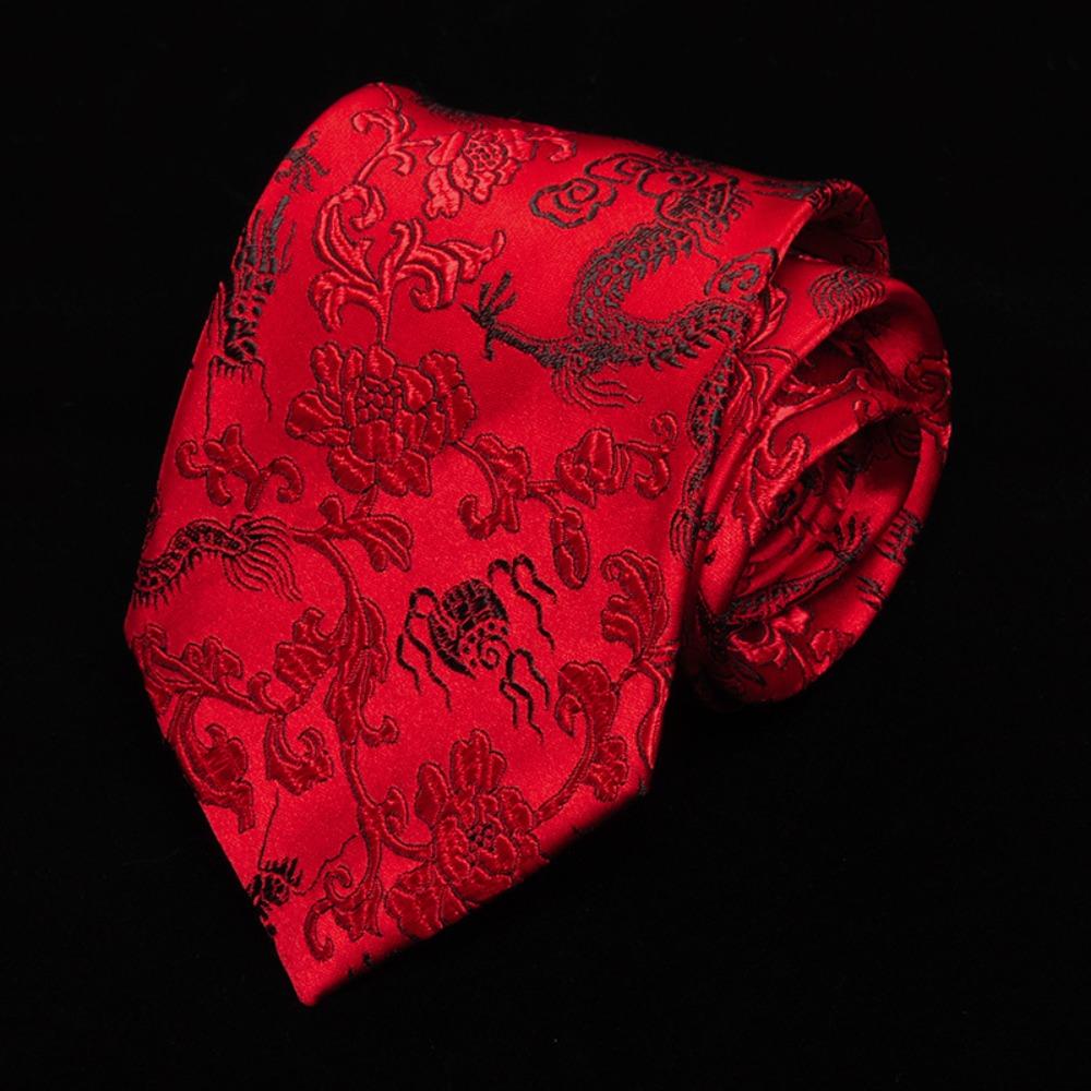 Adjustable Jacquard Silk Tie Calligraphy Men Necktie Fashion Chinese Dragon Pattern Tie Wedding красный