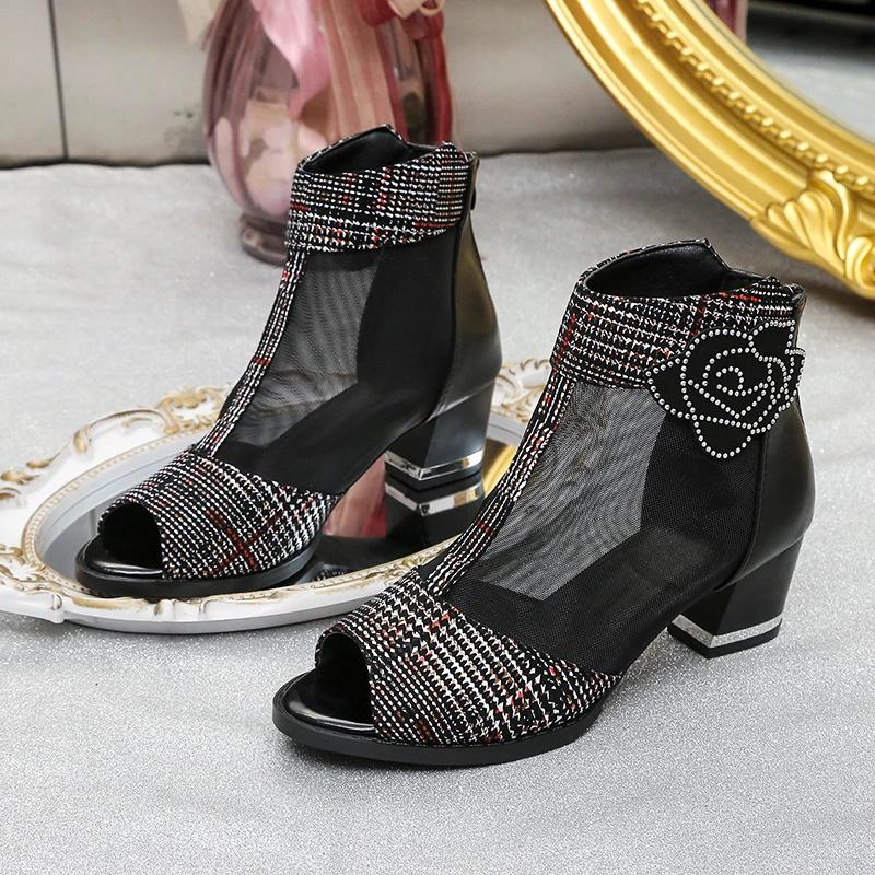 Sandale de vară la modă, cu toc gros, pentru femei, pantofi noi cu strasuri, plasă respirabilă pentru femei, pantofi cu toc înalt cu vârf ascuțit la modă