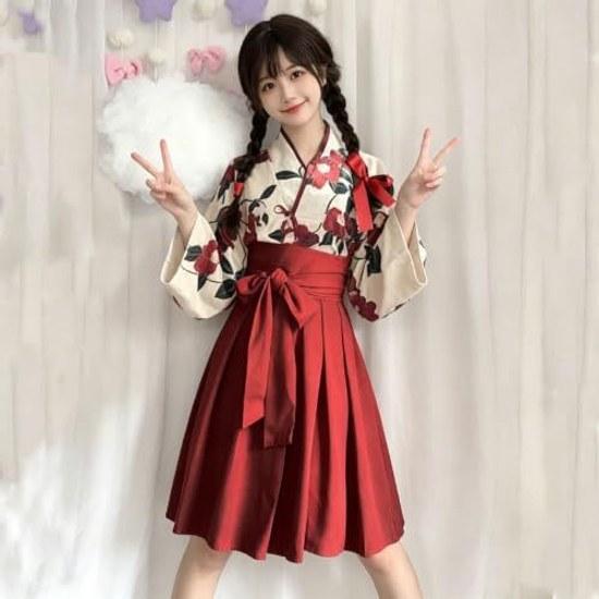 Kimono Japanese clothing Taisho Roman cosplay costume outfit miko ladies cute floral pattern one-piece cross-dressing yukata girl-style short length