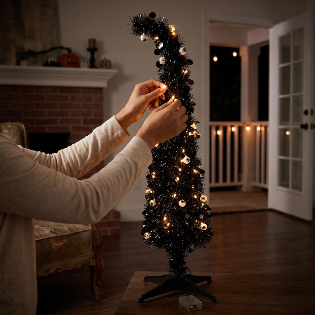 Halloween Folding Decorative Tree with Lights - Telescoping Floor Decor for Indoor Holiday Display
