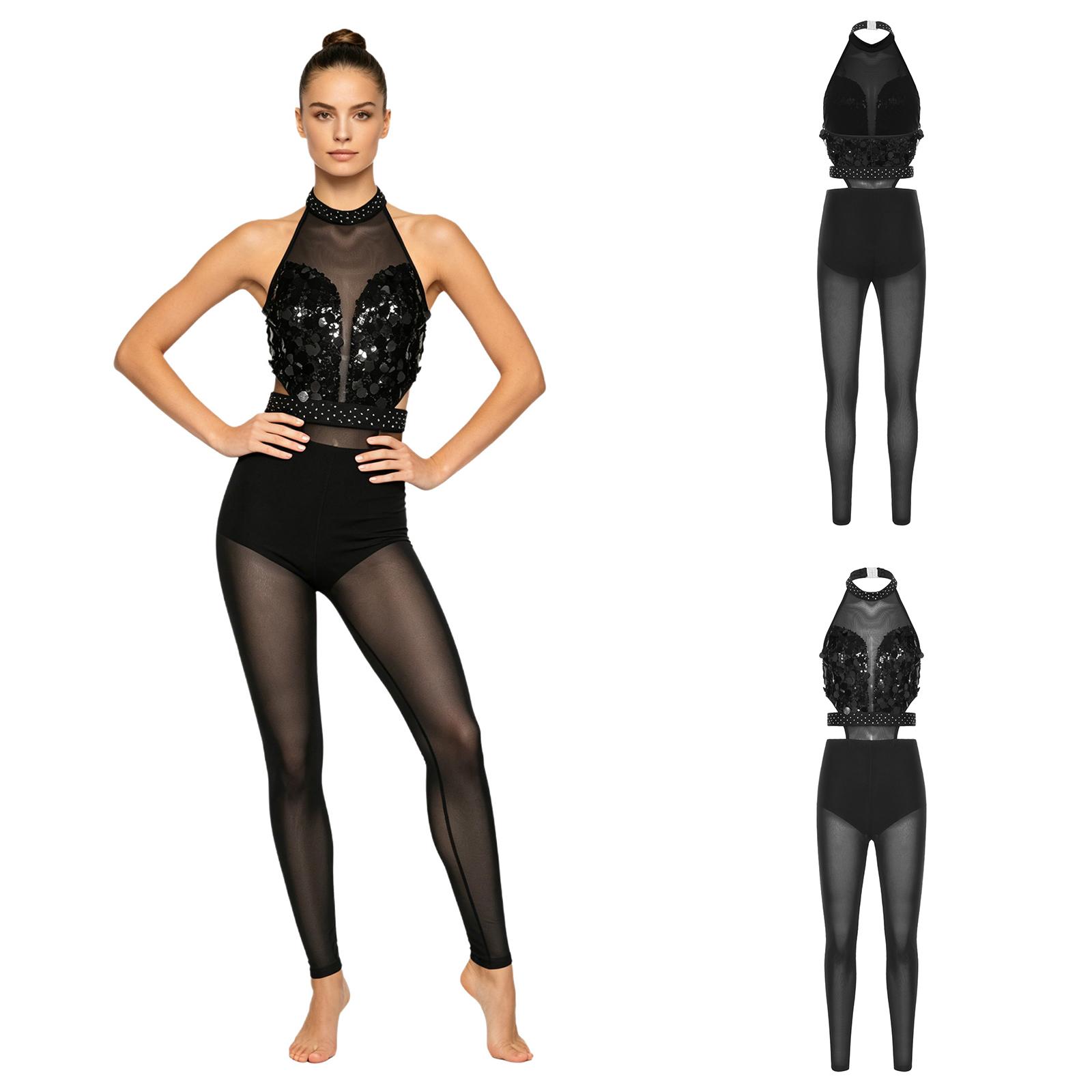 Damen Turnanzug Unitard Neckholder Rückenfrei Pailletten-Oberteil Ausgeschnittene Taille Durchsichtige Mesh-Leggings Eingearbeiteter Slip Strampler für Wettkampf Bühne S