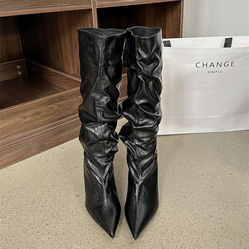 2025 podzim nové evropské a americké špičaté tenký podpatek vysoký podpatek temperament francouzské sexy krásné dámské boty plisované shrnovací boty