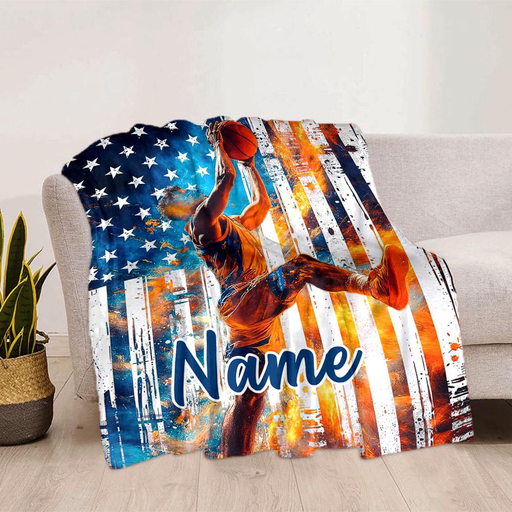 Basketball Player With Usa Flag Customized Name Blanket Comfortable Soft Lightweight Allseason Multipurpose Blanket For Picnics Sofas Offices Beds