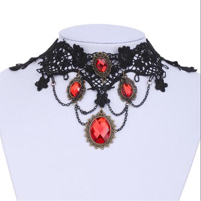 Colar de renda preta ornamentada, pingente de corrente de cristal vermelho, joias de baile