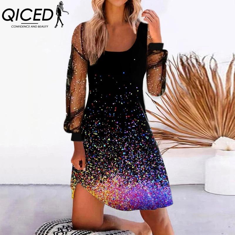 

QICED Женская Мода Весна Осень Однотонный Принт Длинный Рукав U-образный Вырез Завышенная Талия Повседневные Платья XXXL