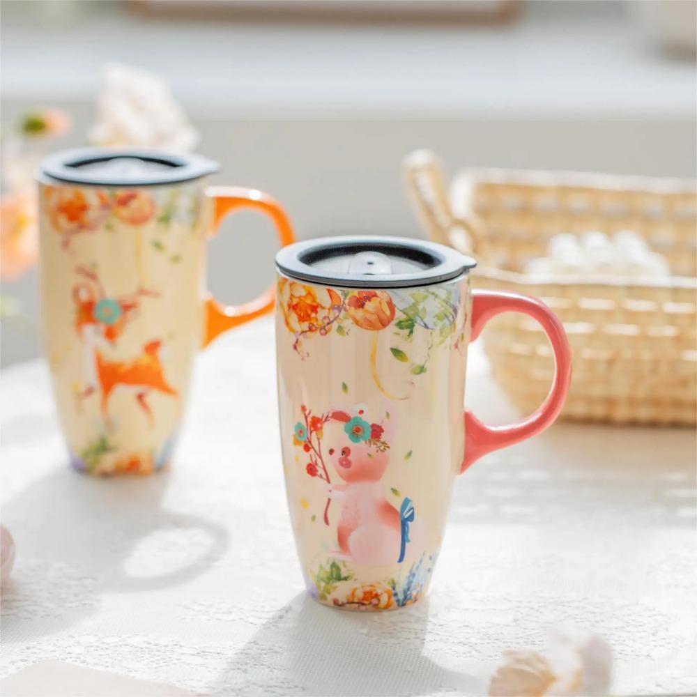 500ML Immortal Forest Mystery Animal Ceramic Cup, Large-capacity Water Cup, Coffee Cup with Lid, Couple's Cute Mugs Cup