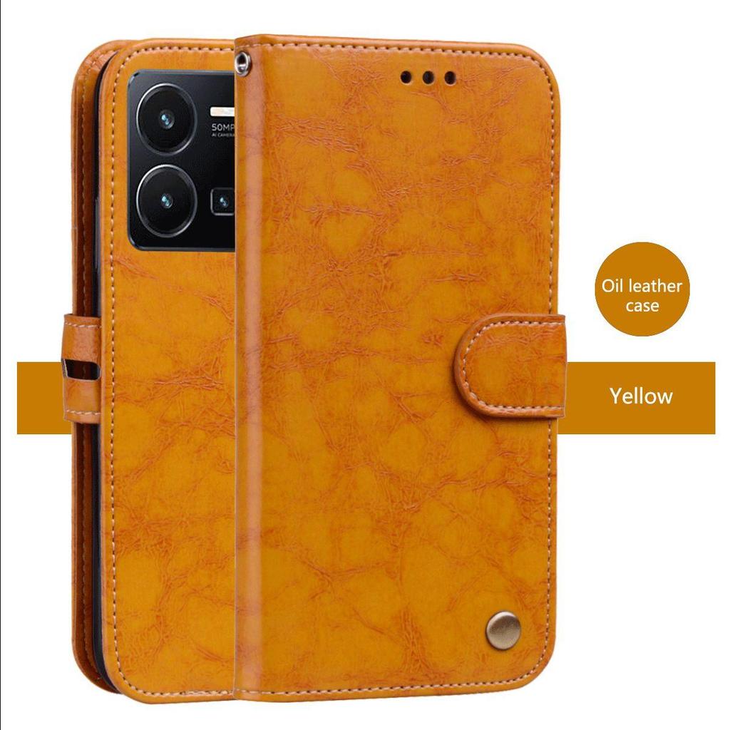 Vintage Crazy Horse Texture PU Leather Flip Wallet Phone Case for Vivo Y35 Card Holder Kickstand Shockproof Protective Cover