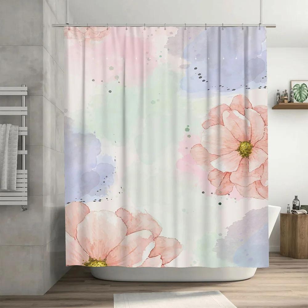 Watercolor Floral Bath Shower Curtain Pink White Green Pastel Decorative Hanging Waterproof Bathroom Decoration with Rings (L)