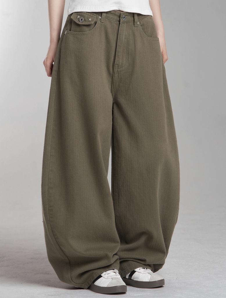Lupeu Studded Back Pocket Cotton Balloon Long Pants Brown