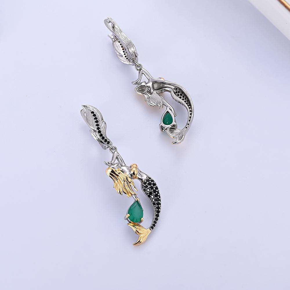 Gorgeous mermaid-shaped design paired with natural green agate gems ring Earrings Set 925 silver fine jewelry for women and girl