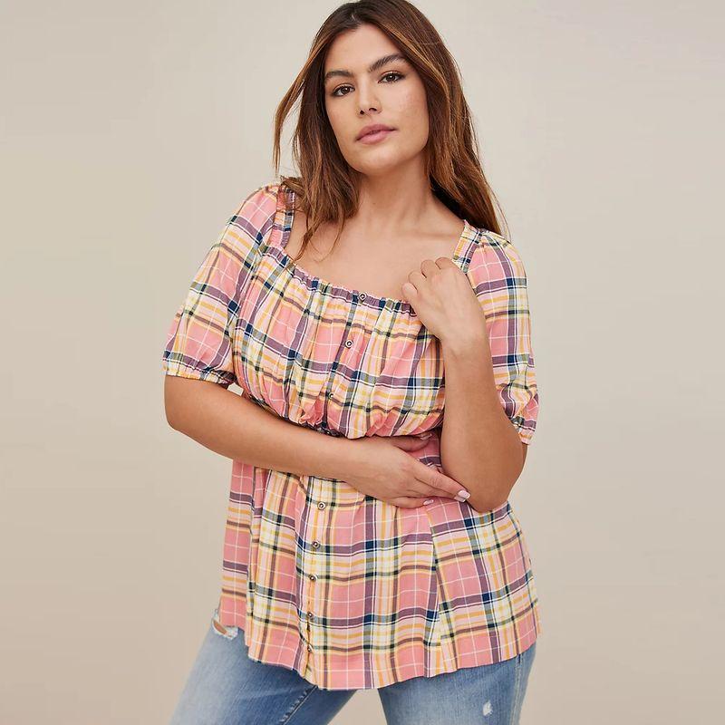 

Plus Size Women s Clothing Square Collar Plaid Short Sleeve T-shirt Top Women s Summer New New Design Sense Waist-Tight Slim Looking Export Pink 3 pieces
