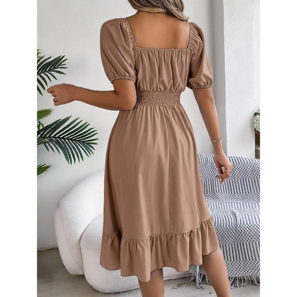 GMXIA Spring and Summer Casual Square-neck Short-sleeved, Waist-cinched, Ruffled A-line Skirt Women's Clothing
