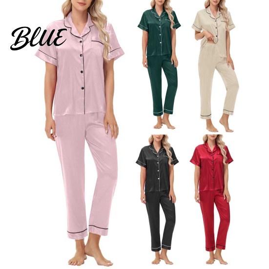 Front Button V-neck Pajamas 2 Pcs/Set Suit Satin Single-breasted Ice Silk Plus Size Cardigan Shirt V Elastic Band Pajama Bottoms Neck Notch