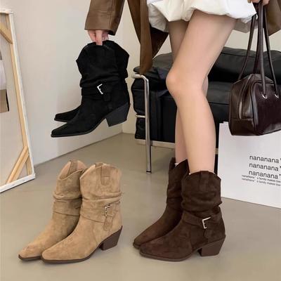 Cowhide Edition~ Short Boots Coarse Heel Frosted Western Boots Autumn and Winter High Heel Pile Boots Retro Versatile Folded Knight Boots