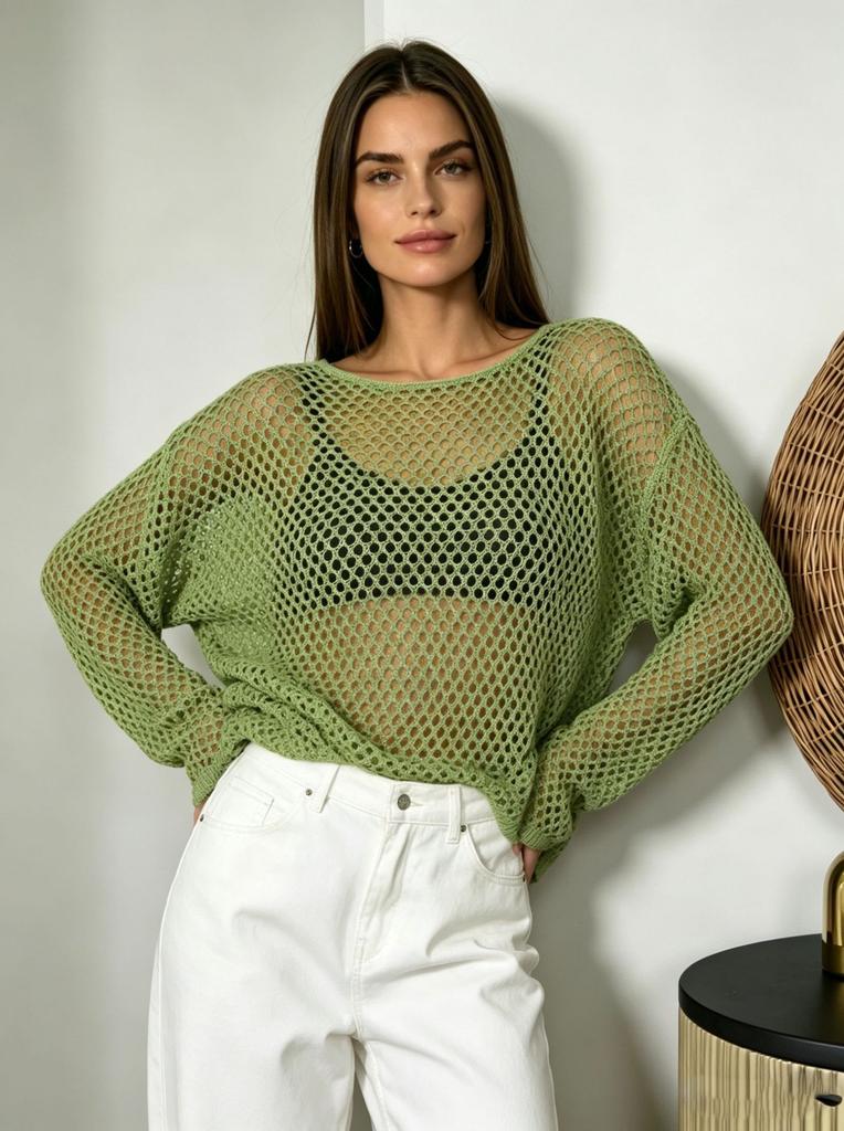 Summer new hollow smock women's European and American style soft loose long-sleeved knitted top ins style