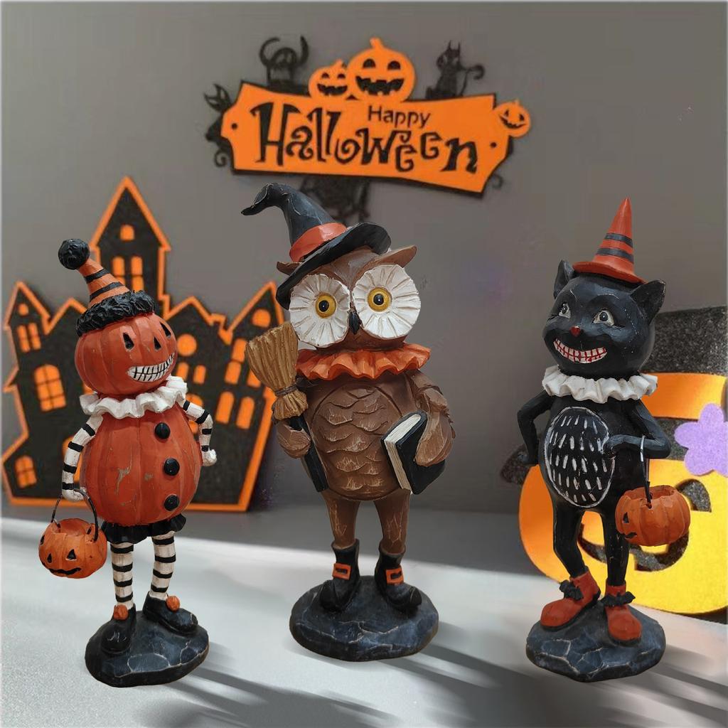 A New Style Halloween Puppet Decoration Item, Carving Owl Black Cat Statue, Halloween Home Indoor and Outdoor Garden Decorations