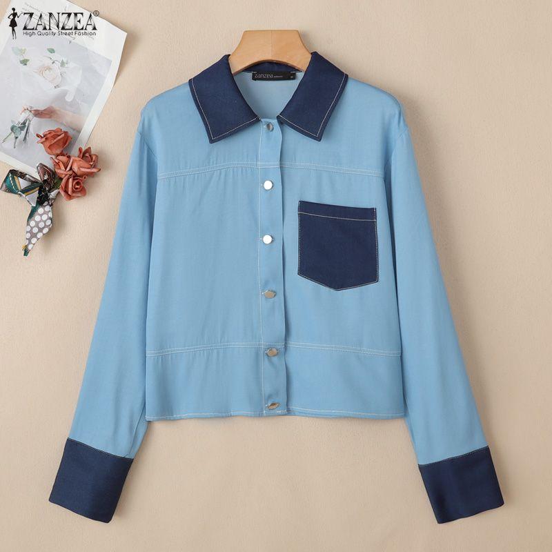 ZANZEA Damska bluzka casualowa z długim rękawem, patchworkowa, z kołnierzykiem