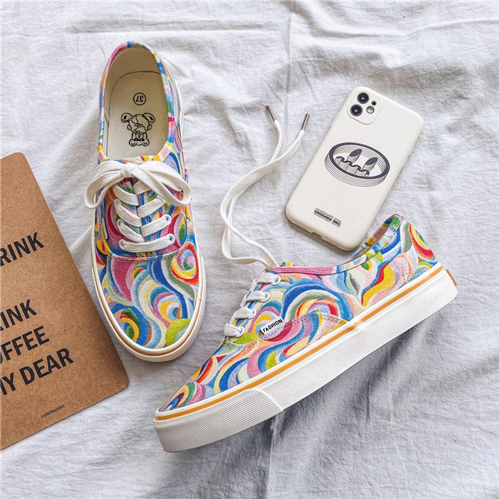 New Ins Korean Version of Canvas Shoes Couple Shoes College Style Rainbow Canvas Shoes Women's Low-top Casual Men's Board Shoes