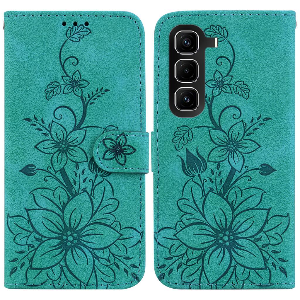 For Infinix Hot 50 Pro 4G Stand Case Lily Flower Imprint Leather Phone Cover with Wrist Strap