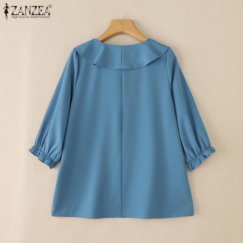ZANZEA Women Ruffles Round Neck Casual 3/4 Sleeve Loose Blouse