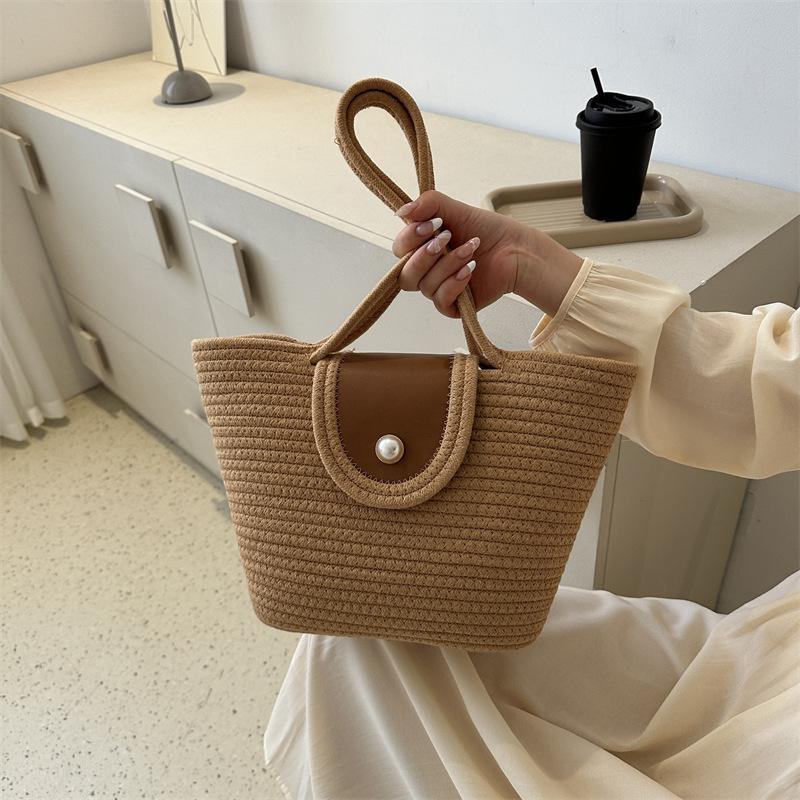 

New 2024 summer tote bag with pearl buckle simple underarm bag business commuter cotton thread hand-woven beach bag хакі