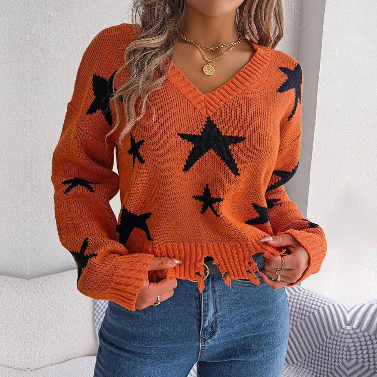 Women Autumn Winter Long Sleeve Knit Pullover Sweater Casual V Neck Star Cut L оранжевый 2180₽