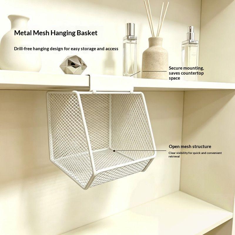 Under Sink Storage Basket Metal Mesh Hanging Basket Drill Free Rust Proof Drainage Bathroom Skincare Organizer Space Saving Rack