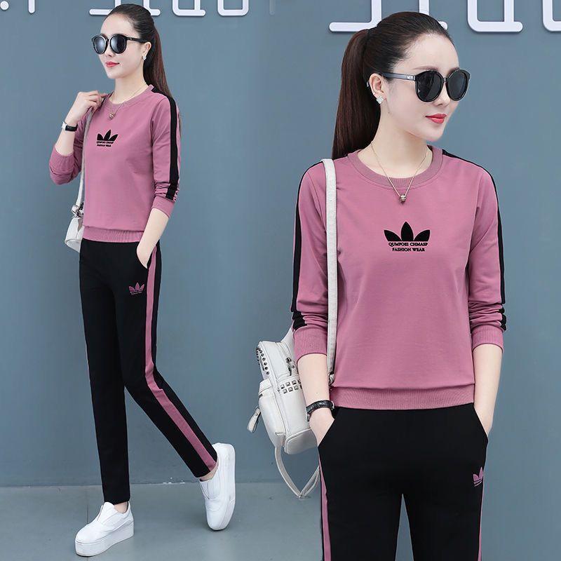 Jesień 2025 Damska odzież sportowa w koreańskim stylu, codzienna: Zestaw dwuczęściowy Plus Size, luźny, wyszczuplający, z długim rękawem, do biegania.