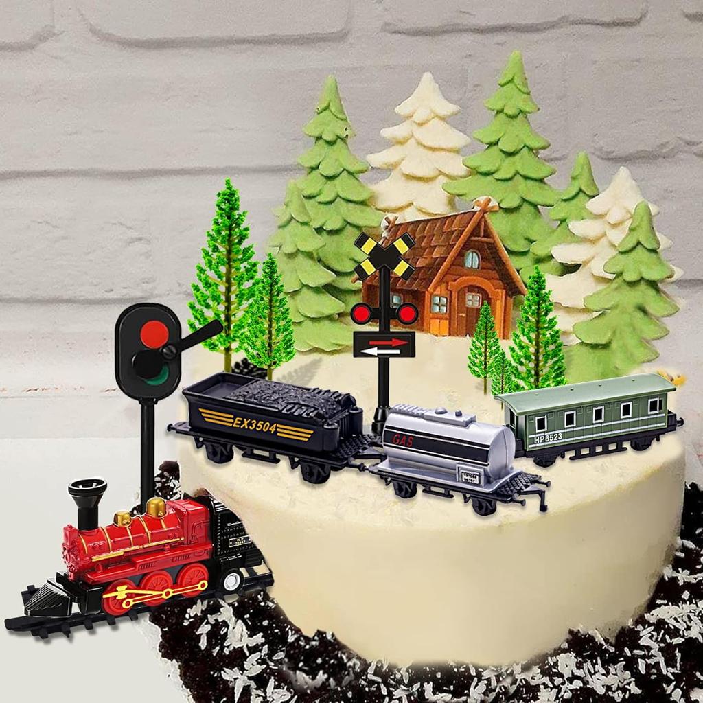 12 Stück Zug-Kuchendekorationen Mini-Spielzeugzug Verkehrsbahn Eisenbahnlichter Kuchenaufsatz Dekorationen für Kinder Zug-Motto Geburtstag