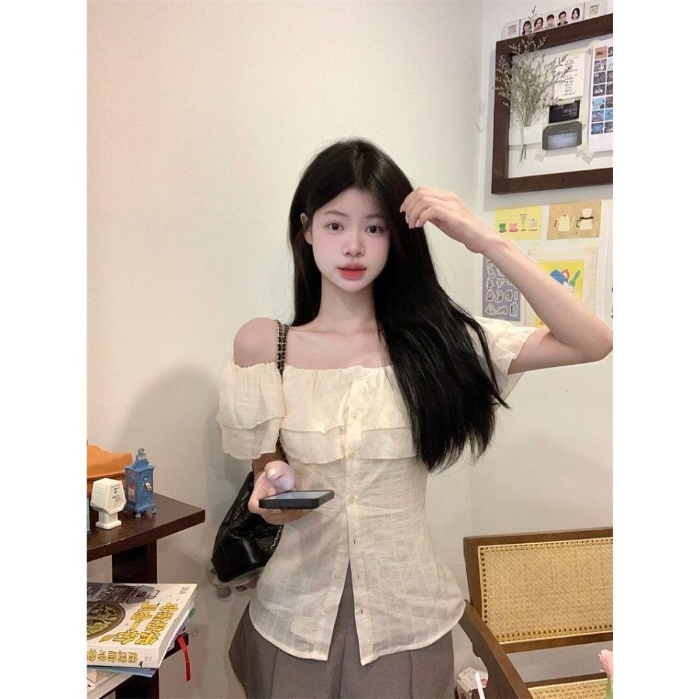 Women's Off Shoulder Short Sleeve Slim Fit Ruffle Blouse Sweet Cropped Shirt Top