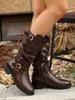 Belt Buckle Mid-Tube Boots Autumn New Round Toe Side Zipper Soft Sole Anti-Slip Wear-Resistant Single Boots