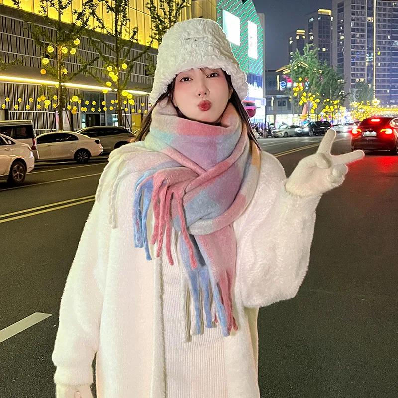 New Fashion Design Muffler Female Fairy Powder Gradual Change Tassel Mohair Scarf Women Winter Thermal Imitation Cashmere Scarf