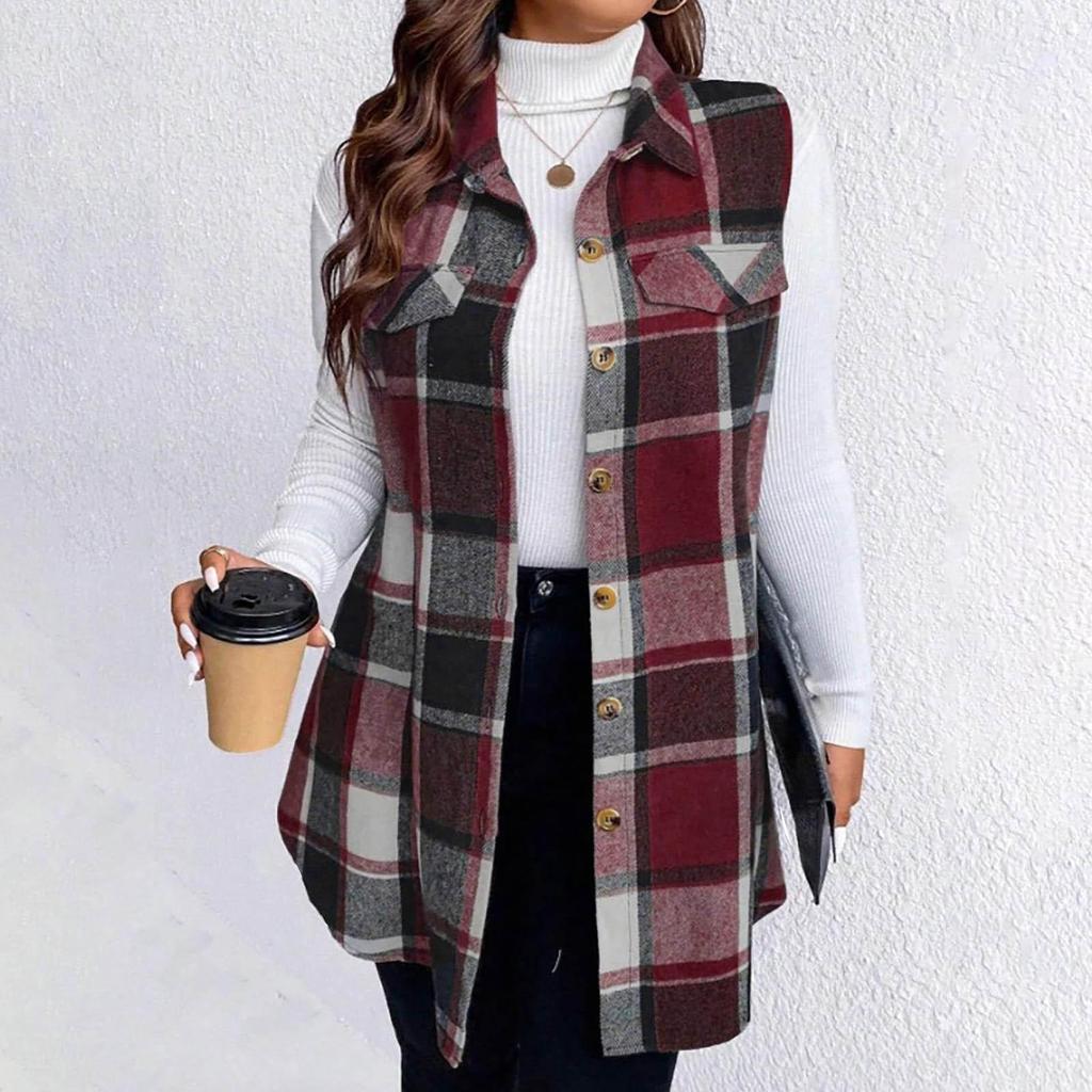 Giacca Gilet Senza Maniche da Donna Taglie Forti Moda Plaid Spazzolato con Colletto Lunghezza Media