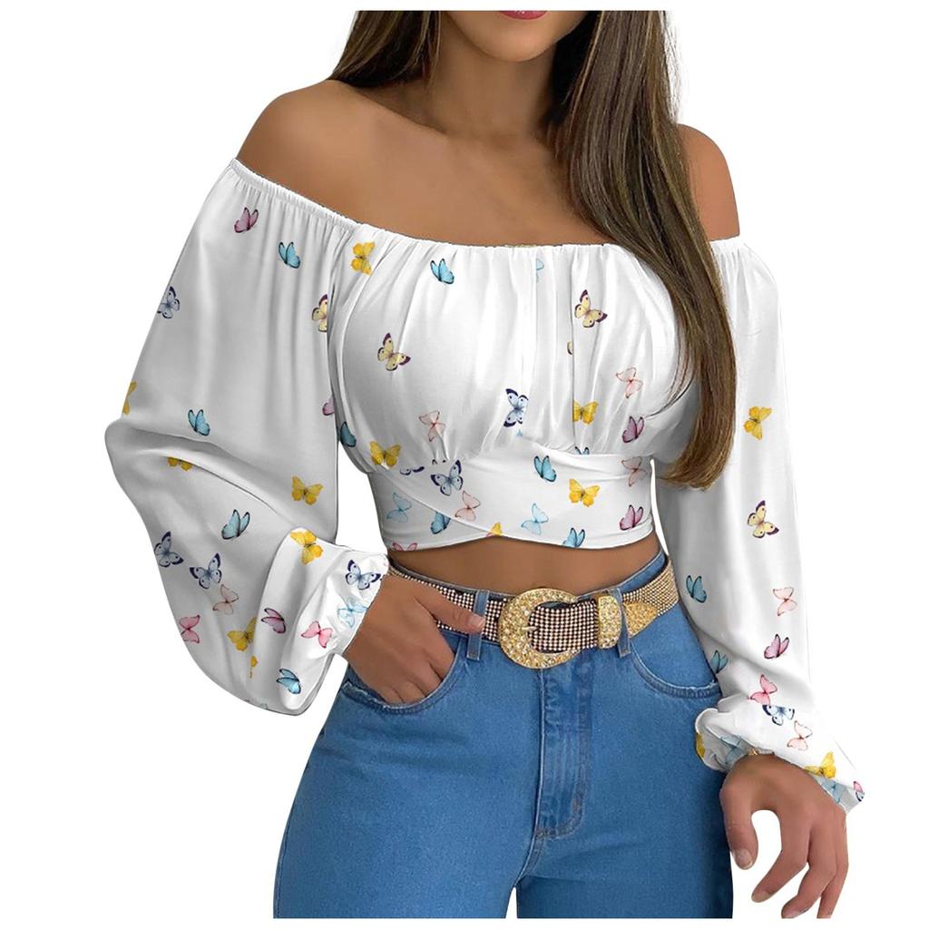 Women's Fashion Casual Summer Off Shoulder Cross Strap Long Sleeved Top