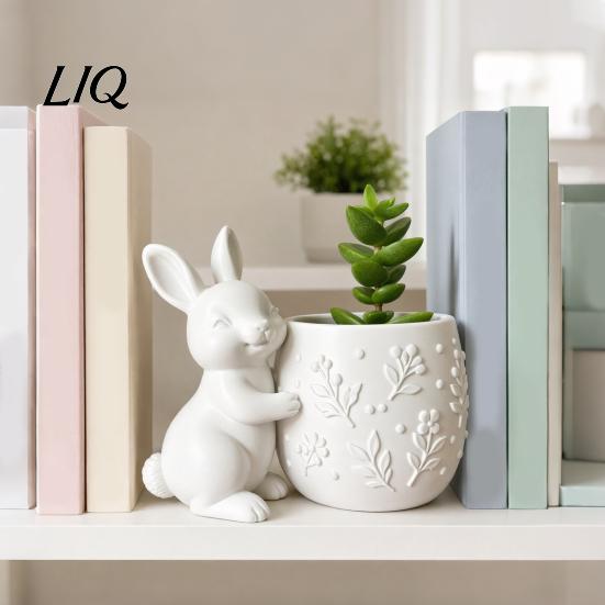 Desktop Ornament Planter 3D Printed Bunny Hugging Succulents Planter, Cute Rabbit Flower Pot with Embossed Small Green Plant Floral Body, Mini