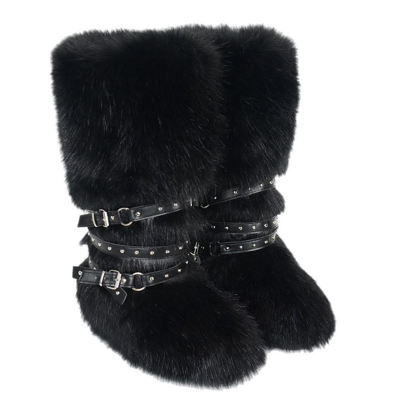 Damen Winterimitat Fuchsfell Stiefel Gürtel Punk Europäisch und Amerikanisch hoher Schaft 40 langer Schaft Schneestiefel Schuhe